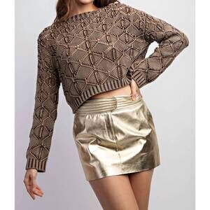 NEW EDIT BY NINE washed open knit sweater top in brown